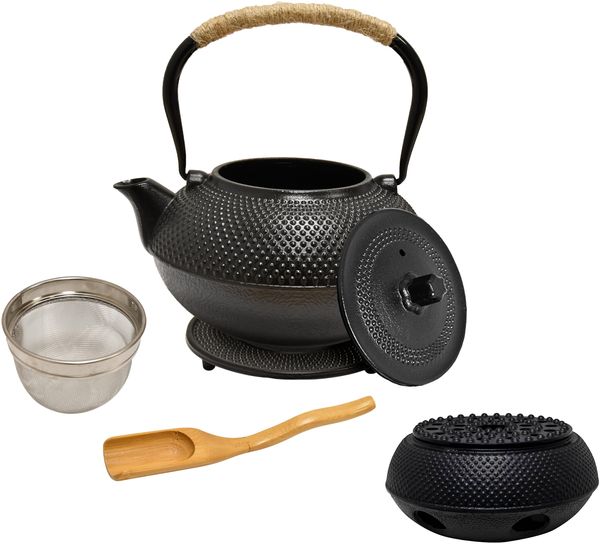 AD. CON Teekanne aus Gusseisen mit Stövchen Japanische mit Sieb aus Edelstahl 1,5L Schwarz
