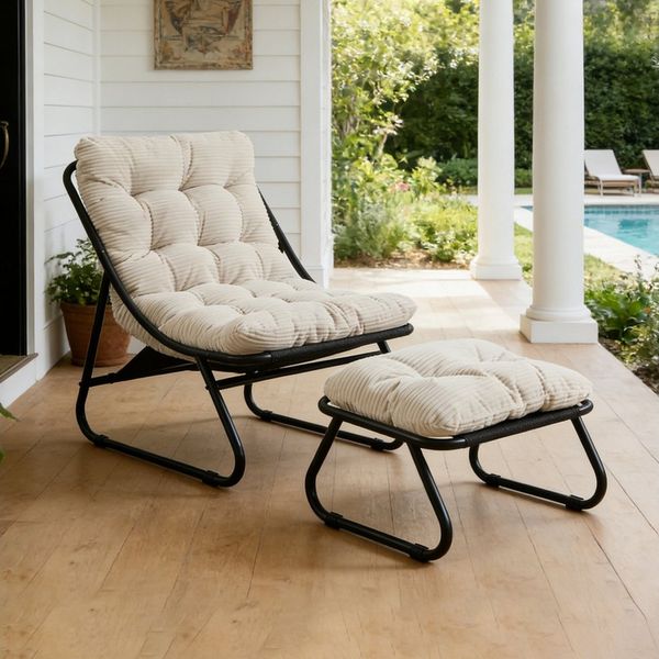 LVHOM Loungesessel mit Hocker, wasserdichtem Stahlrahmen, ergonomisch, für In-/Outdoor (Relaxsessel, bequeme Sitzfläche, Hocker als temporärer Sitz/Schuhwechselbank, rutschfestes Design, rostfreier Metallrahmen, Tragfähigkeit 130 kg), für Garten, Balko...