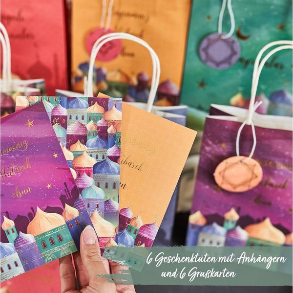 PAPIERDRACHEN Geschenkbox 6 bunte Henkeltüten zu Ramadan - mit Anhängern und Postkarten, mit Anhängern und Postkarten - ideal zum Verpacken von Geschenken