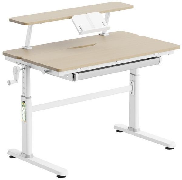 HOKO Kinderschreibtisch Ergo Jugend Schreibtisch höhenverstellbar 54-76 cm, 100x60 cm (ergonomischer Computertisch mit neigbarer Tischplatte (0-50) & Schublade, stabil & belastbar bis 100 kg, Weiß, Holzfarben)