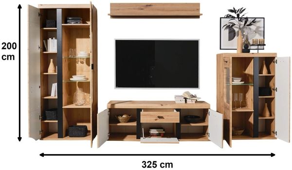 moebel-dich-auf Wohnwand KOS, (in Artisan Eiche, Vitrine + Wandboard + Lowboard + Stauraumelement), Softclose, inkl. LED-Beleuchtung