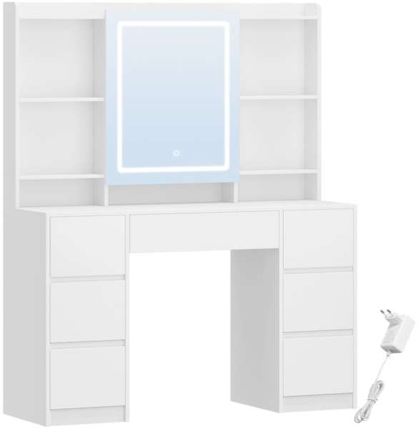 Schminktisch mit Beleuchtung, Schminktisch mit Große LED-Spiegel, Schminktisch mit Helligkeit Einstellbar, 7 Schubladen, 4 Ablagen, Stauraum Hinter dem Spiegel, Weiß