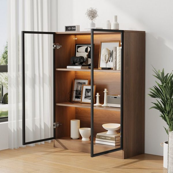 Flieks Glasvitrine mit LED-Beleuchtung und 2 Glastüren (1-St, T32/H106/B80 cm) Hochschrank Mehrzweckschrank Sammlervitrine mit 3 Ebenen Holzoptik