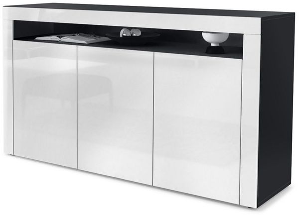 Vladon Sideboard Valencia, Kommode mit 3 Türen und 1 offenem Fach, Schwarz matt/Weiß Hochglanz/Weiß Hochglanz (155 x 92 x 40 cm)