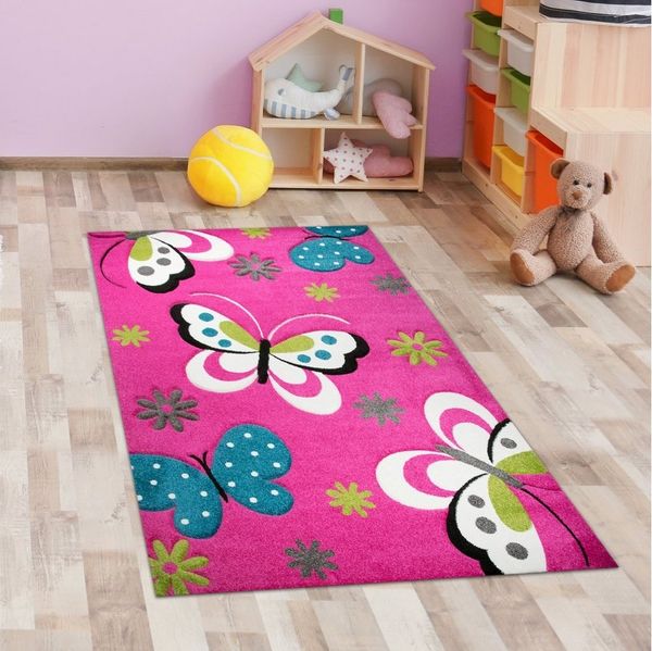 Carpetia Kinderteppich Bunter Kinderzimmerteppich mit Schmetterlingen in pink, rechteckig, Höhe: 13 mm