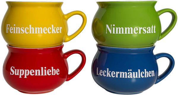 BURI Suppentassen 4er-Set aus Keramik | Bunte Henkel-Schüsseln mit Sprüchen | 400 ml | Spülmaschinenfest & mikrowellengeeignet | Mediterraner Stil