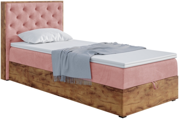 MEBLINI Boxspringbett LOFTY 3 90x200 cm mit Bettkasten – H4/Rosa Samt Gepolstert Einzelbett mit Topper & Taschenfederkern-Matratze