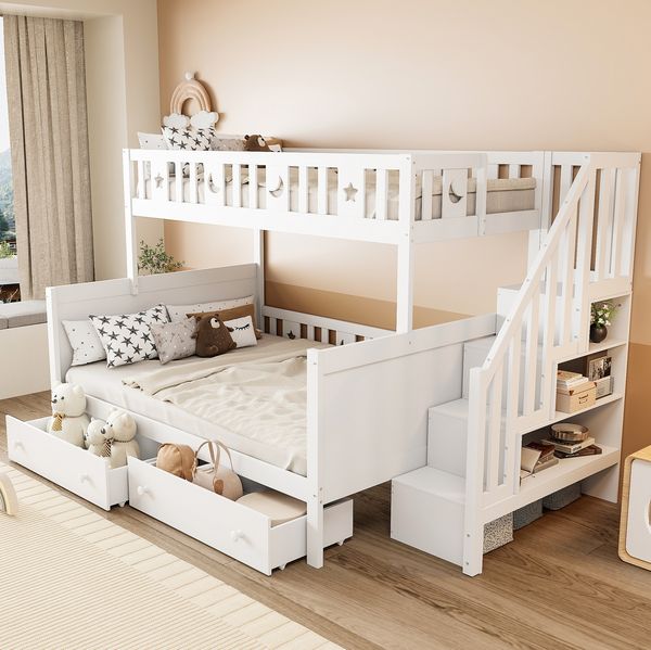 Kinder-Etagenbett aus Massivholz mit Stauraum, 90x200/140x200 cm, Weiß, ohne Matratze