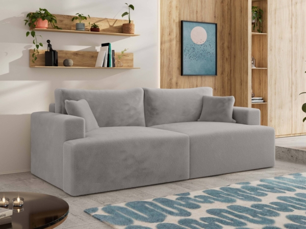 Sofa mit DL-Schlaffunktion, 4-Sitzer Sofa, Bettkasten, 240 x 115 x 88 cm, lose Kissen, Armlehnen - VIRELLA - Hellgrau Plüsch