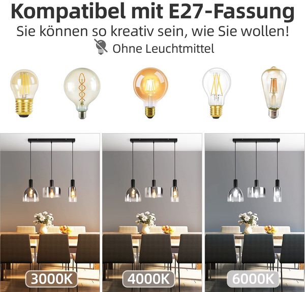 ZMH Hängelampe Esszimmerlampe 3 Flammig Hängeleuchte- E27 Vintage Esstisch Pendelleuchte Höhenverstellbar Glas Schwarz Pendellampe Hängend für Schlafzimmer küche (ohne Leuchtmittel) Bild 4