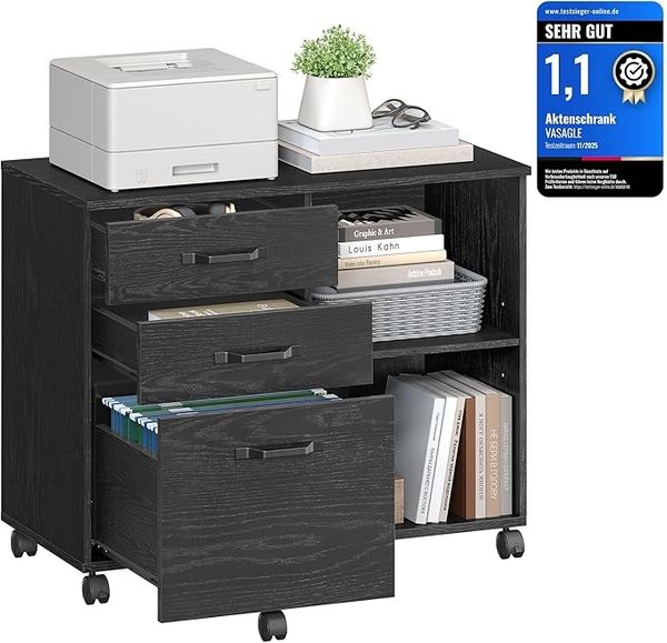 VASAGLE Rollcontainer, Aktenschrank, mit 3 Schubladen und Rollen, offene Fächer, für Dokumente in DIN A4-, Letter-Format, Druckerständer, Industrie-Design, schwarz mit Holzmaserung
