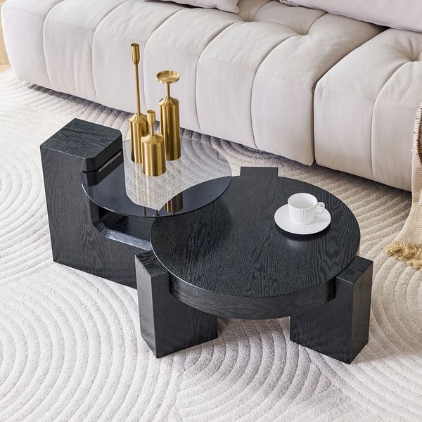 Couchtisch-Set 2-teilig, rund, H 44 x T 123 x B 61 cm, graues Sicherheitsglas & MDF in schwarzer Holzoptik