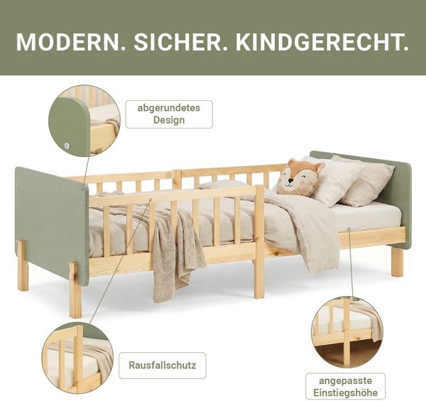 Kinderbett 90x200 cm mit Lattenrost Rausfallschutz Grün Bettgestell Holzbett Einzelbett Gitterbett Massiv Holzbettrahmen Bild 6