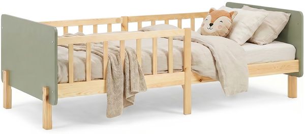 Kinderbett 90x200 cm mit Lattenrost Rausfallschutz Grün Bettgestell Holzbett Einzelbett Gitterbett Massiv Holzbettrahmen
