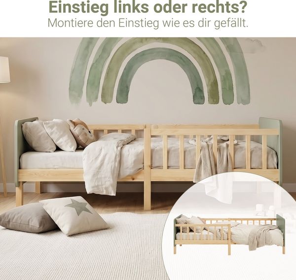 Kinderbett 90x200 cm mit Lattenrost Rausfallschutz Grün Bettgestell Holzbett Einzelbett Gitterbett Massiv Holzbettrahmen Bild 7