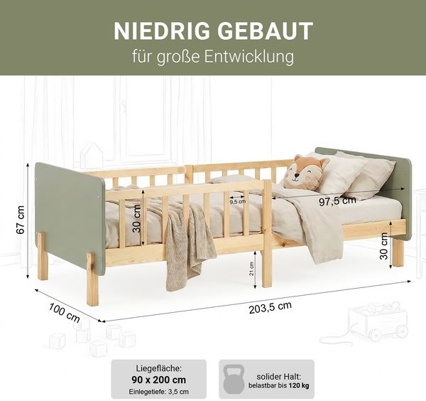 Kinderbett 90x200 cm mit Lattenrost Rausfallschutz Grün Bettgestell Holzbett Einzelbett Gitterbett Massiv Holzbettrahmen Bild 3