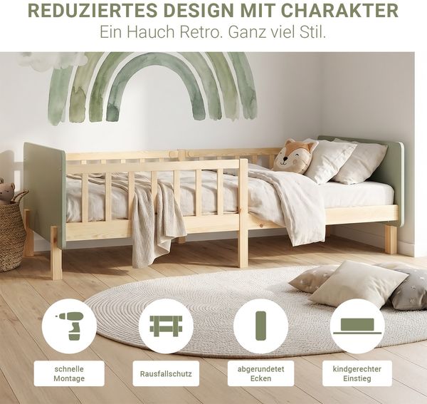 Kinderbett 90x200 cm mit Lattenrost Rausfallschutz Grün Bettgestell Holzbett Einzelbett Gitterbett Massiv Holzbettrahmen Bild 5