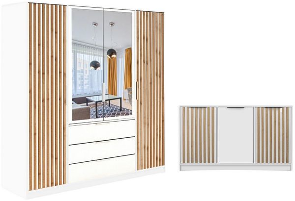 Deine Möbel 24 Schlafzimmer-Set Set E LABOO LUX 4D & LABOO LUX D3 Kleiderschrank & Kommode Set, (Set, 2-tlg, Drehtürenschrank & Kommode ideal für Schlafzimmer), Lamellen, Eiche Wotan, Schwarz oder Weiß matt