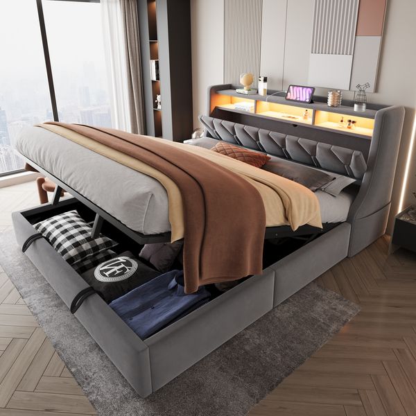 Polsterbett, Samt mit Stauraum, LED & USB-Anschluss, 180x200 cm, Grau, ohne Matratze
