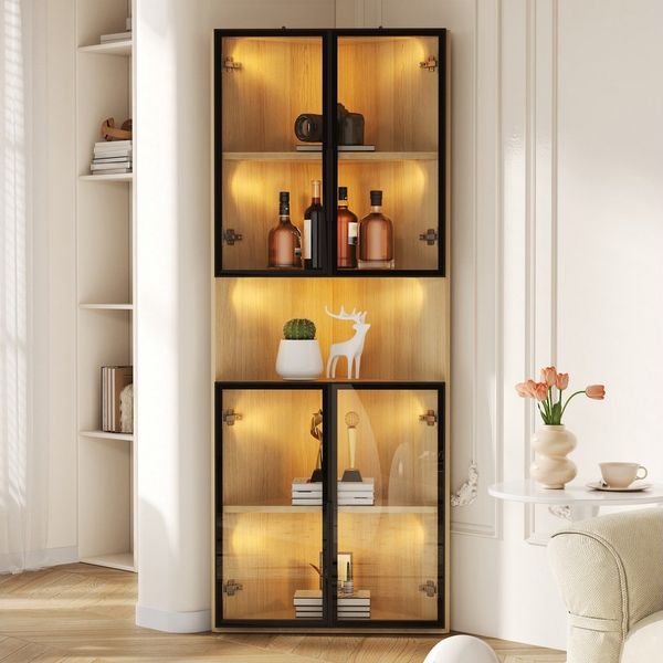 STILVORA Vitrine mit integrierte Lichtleiste Weinschrank mit Tür aus gehärtetem Glas (LED-Glasvitrine mit Geräuschlose Soft-Close-Scharniere, staubdichter Schrank aus gehärtetem Glas) 90° rechter Winkel