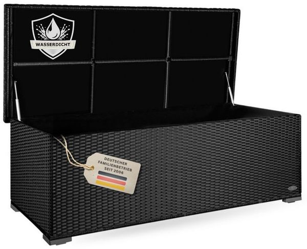 RS Trade 'Sienna' XL Kissenbox mit Doppel-Hubautomatik und Innenverkleidung, ca. 650 Liter, Polyrattan schwarz, 60 x 73 x 155 cm