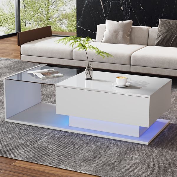 Couchtisch mit LED-Beleuchtung & Glas, weiß Hochglanz, 100x50x32 cm
