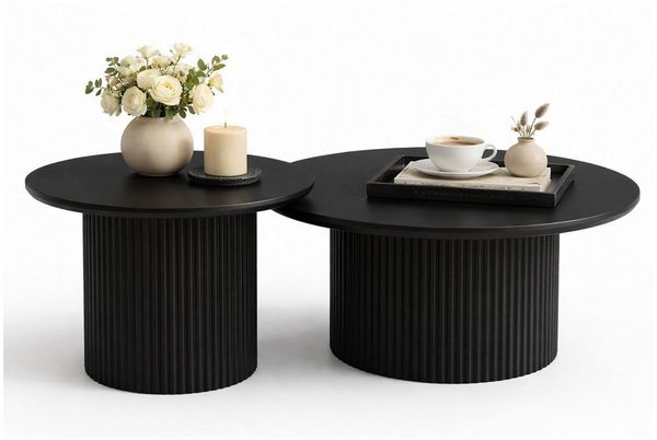 HOOZ Couchtisch Wohnzimmertisch rund 2er Set Trommel Gestell Schwarz 80 & 60 cm (Set, 2-St, 2× Satztisch), Sofatisch mit geriffeltem Gestell – stabil & pflegeleicht