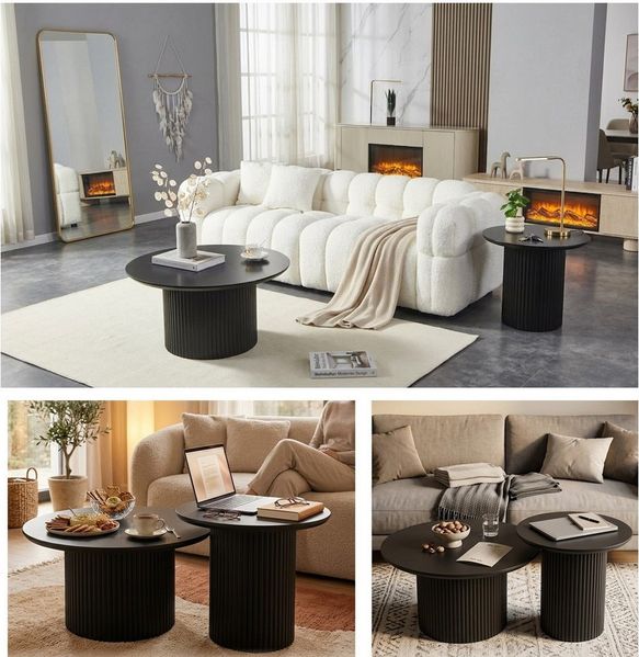HOOZ Couchtisch Wohnzimmertisch rund 2er Set Trommel Gestell Schwarz 80 & 60 cm (Set, 2-St, 2× Satztisch), Sofatisch mit geriffeltem Gestell – stabil & pflegeleicht