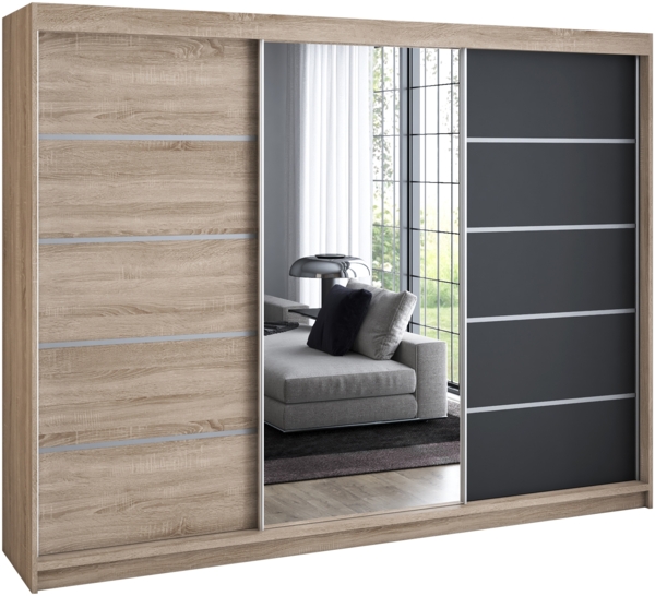 Schwebetrenschrank, 3-trig Schrank 200 cm mit 4 Schubladen, und Spiegel Kleiderschrank VILUNO 1. Farbe: Sonoma, schwarz