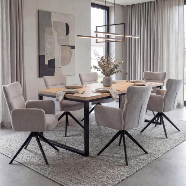 6er-Set Esszimmerstuhl HWC-N11, Stuhl, drehbar Auto-Return Stoff Bouclé 350g/m² Öko-Tex ~ hellgrau, Beine dunkelgrau