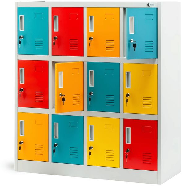 Schließfachschrank Spind für Kindergarten OLA - 12 Fächer, Etikettenhalter | Umkleideschrank Metall Kleiderspind, 120x109x45cm Mehrfarbig