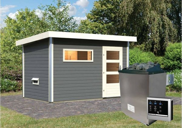 Karibu Sauna Skrollan 1 Terragrau +9 kW Saunaofen mit ext. Steuerung Easy