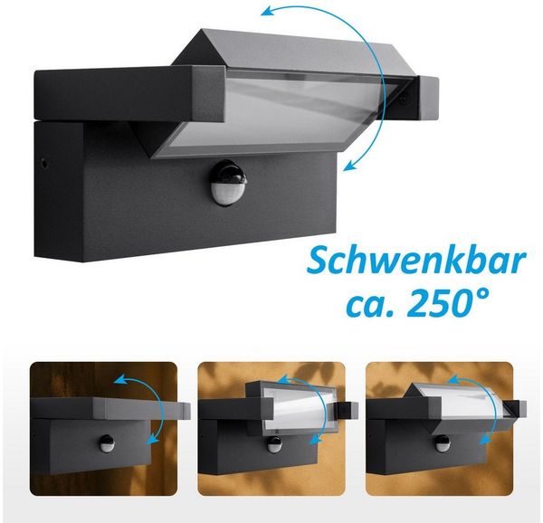 Maxkomfort Außen-Wandleuchte LED Außenwandleuchte 3011 – 9 W, 3000 K, IP44, schwenkbar, schwarz, mit Bewegungsmelder, LED fest integriert, warmweiß