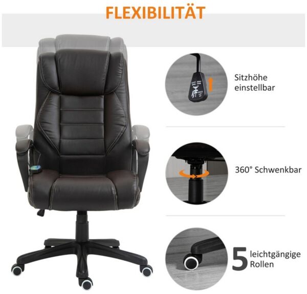 MC Star Bürostuhl mit Massagefunktion, Ergonomischer Chefsessel mit Vibrationsmassage (Wippfunktion, Höhenverstellbarer Schreibtischstuhl Drehstuhl, Braun)