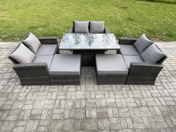 Fimous 8-Sitzer Polyrattan Gartenmöbel Einstellbare Höhe Esstisch Set mit 2 Großer Fußhocker Doppelsitz-Sofa Dunkelgrau Gemischt