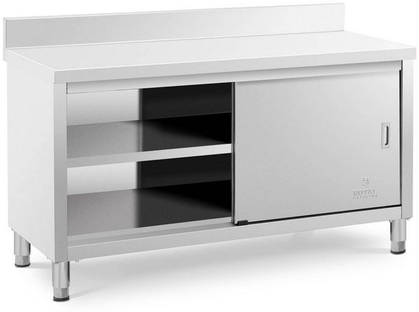 Royal Catering Arbeitstisch Arbeitsschrank 150 x 60 cm Edelstahl Aufkantung Schiebetüren Gastro
