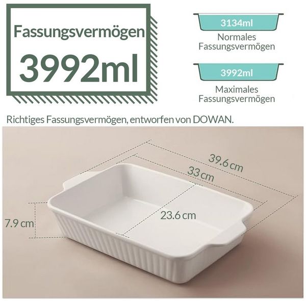 Dowan Auflaufform Keramik-Auflaufform, große tiefe Auflaufform für den Ofen, 4L, Weiß