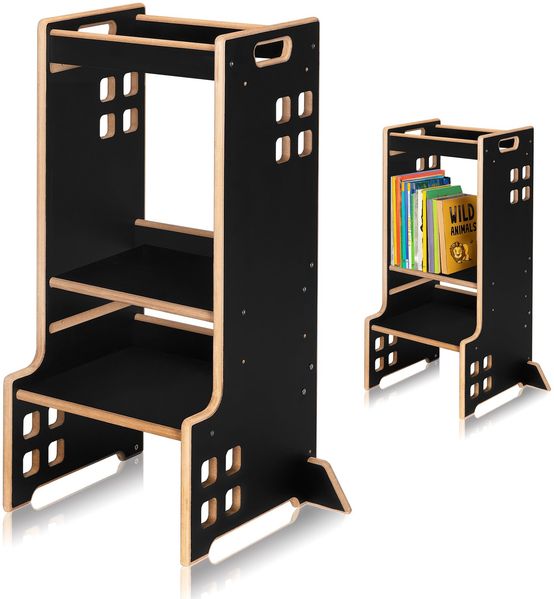 Lionelo CASS Kitchen Helper Küchenhelfer 2in1 Montessori Lernturm Ab 1 Jahr Höhenverstellbarer Sicherheitsbügel Stabiler Küchenhocker Bücherregal Bis zu 30 kg