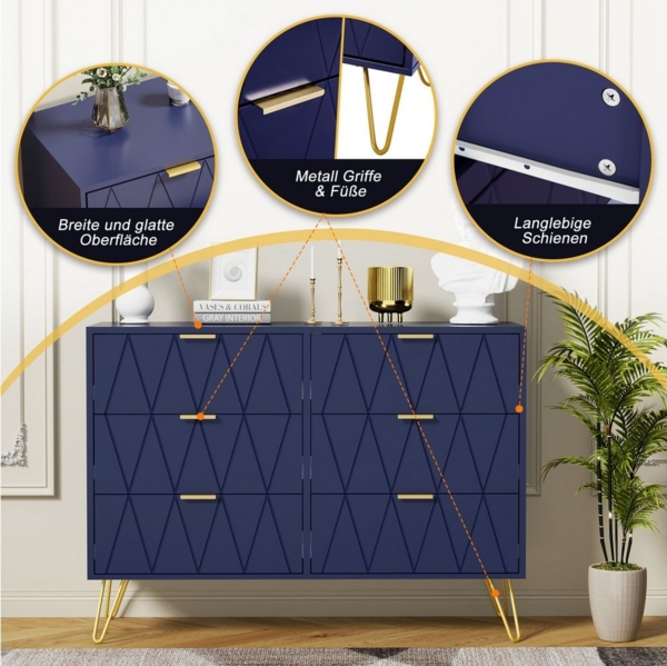 UEV Kommode mit 6 Schubladen, Sideboard für Schlafzimmer Wohnzimmer (100 x 34 x 73 cm Mehrzweckschrank mit gold Fuß, Highboard, Sideboard mit Schubladen, Schmal kommode), Küchenschrank Buffet TV Board Schrank mit Füße Aufbewahrungsschrank Bild 3