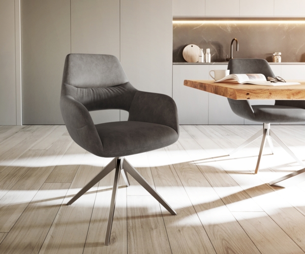 Esszimmerstuhl Yago-Flex mit Armlehnen Mikrofaser Anthrazit Vintage Kreuzgestell breit Edelstahl Taschenfederkern