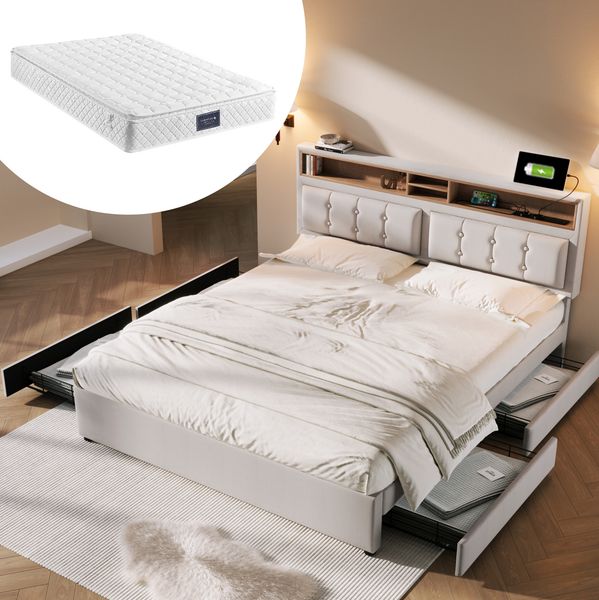 Doppelbett 140x200 cm mit höhenverstellbarem Kopfteil, USB-C, 4 Schubladen in Beige(Mit Matratze)