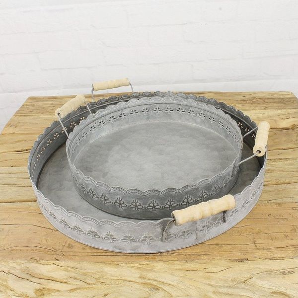 Macosa Home Dekotablett 2er Set Blech Grau rund Landhaus Tablett Metalltablett (2er Set, 2 St, 2 Stück verschiedene Größen), 30 cm & 40 cm mit Griff Blechtablett Tablett Metalltablett