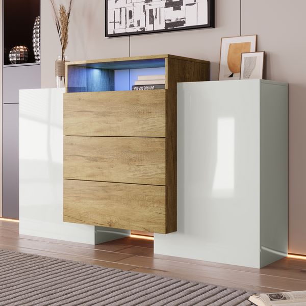 Sideboard mit LED-Beleuchtung & 3 Schubladen, 140 x 30 x 77,5 cm, Weiß/Holzfarben
