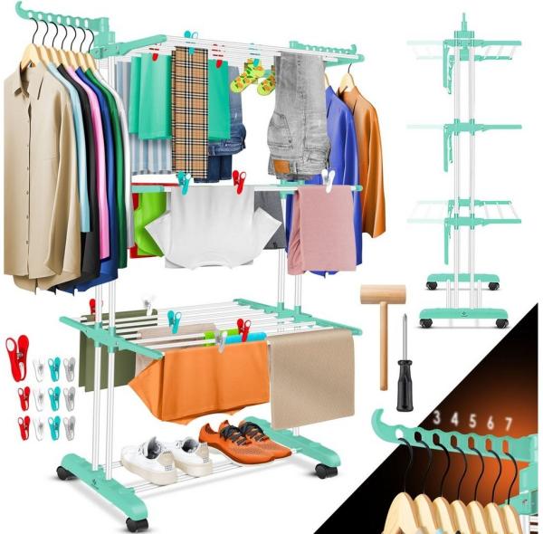 KESSER® Wäscheständer-Turm mit Rädern Platzsparender Wäschetrockner für Innen & Außen 4-Etagen 2 drehbare Seitenflügel und 6 klappbare Ebenen Standtrockner Wäscheturm Zusammenklappbar Weiß / Mint Grün