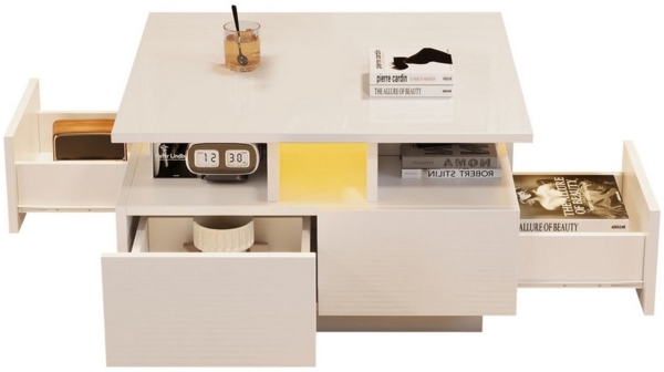 Merax Couchtisch hochglanz Sofatisch Beistelltisch mit LED-Beleuchtung & USB-Anschluss (Kaffeetisch mit App-gesteuerter Beleuchtung, 1-St), Wohnzimmertisch mit 4 Schubladen und 3-Stufen-Design, 70x70x40cm