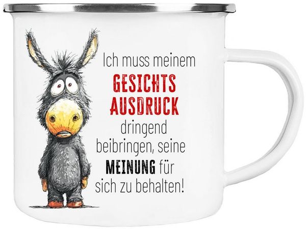 Cadouri Tasse Emaille Tasse 'Gesichtsausdruck' Kaffeetasse, Metall, Outdoortasse, Campingbecher Edelstahl, handgefertigt, Geschenk, 300 ml