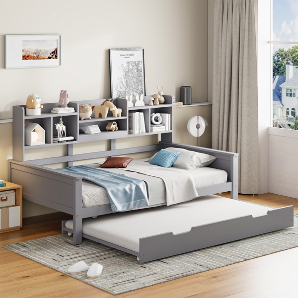 Merax Daybett Ausziehbares Schlafsofa 90*200CM Massivholz, Ausziehbett 90*190CM, mit Staufach und Lattenrost, Kiefer Multifunktionsbett, Einzelbett, Grau