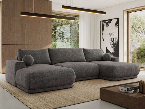 XXL Wohnlandschaft RINA U-Form 360 cm breit, Sofa mit Schlaffunktion & DL-Mechanismus, Wellenfederung, modern freistehend - Grau Schenille grob gewebt