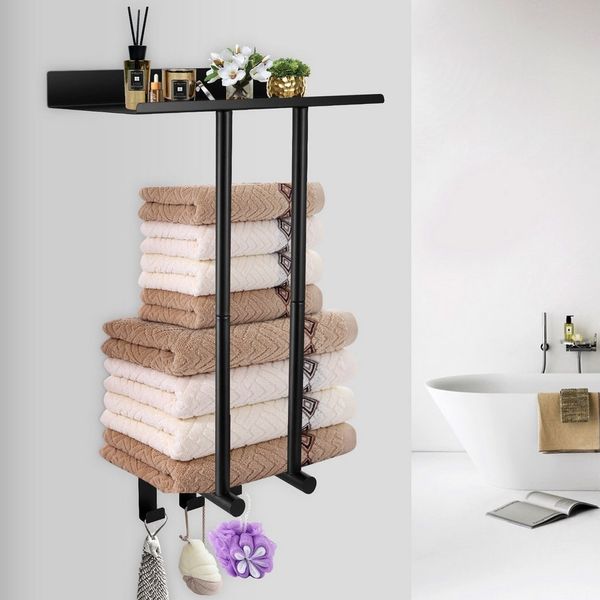 BlingBin Handtuchregal Handtuchhalter Wandmontage mit Ablage und 3 Haken, Badezimmer Regal für Handtücher und Accessoires, Metall schwarz
