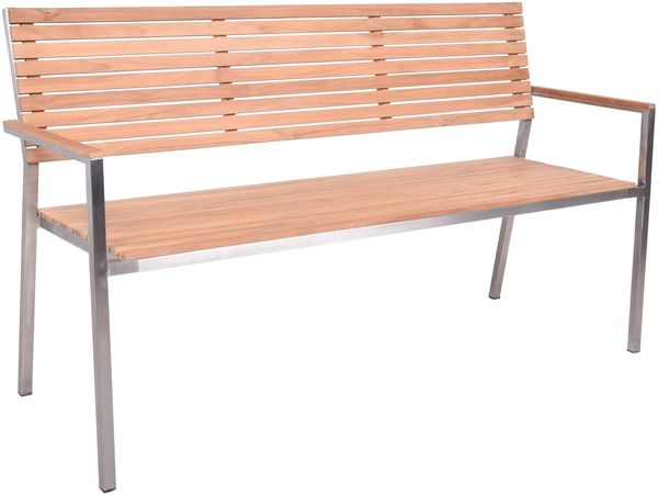 Gartenbank LEON 3-Sitzer 144cm Breit Teak Silber Edelstahl | Terrassenbank Wetterfest Sitzbank Outdoor Bank